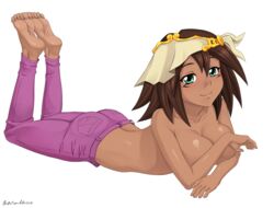  barefoot blush breasts brown_hair cleavage dark-skinned_female dark_skin female full_body green_eyes highres large_breasts long_hair looking_at_viewer lying mana_(yu-gi-oh!) on_stomach pants purple_pants shuffledyandere simple_background smile solo the_pose topless white_background yu-gi-oh! yu-gi-oh!_duel_monsters 