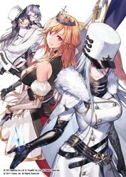  4girls asymmetrical_hair azur_lane bearn_(azur_lane) black_gloves black_hair black_thighhighs blonde_hair blue_eyes blush breasts buttons coat commentary_request double-breasted fur_trim gloves grey_hair hair_between_eyes hair_ornament hat high_collar jacket large_breasts long_hair long_sleeves looking_at_viewer medium_hair military_hat monocle multiple_girls noy official_art one_eye_closed open_mouth pamiat_merkuria_(azur_lane) pink_eyes purple_eyes red_thighhighs richelieu_(azur_lane) second-party_source shirt short_hair smile sovetskaya_rossiya_(azur_lane) striped striped_sleeves thighhighs vertical-striped_sleeves vertical_stripes very_long_hair white_headwear 