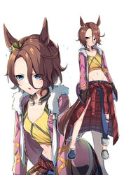  alternate_costume animal_ears asymmetrical_footwear asymmetrical_pants belt blue_eyes blush breasts clothes_around_waist collarbone commentary_request cowboy_shot crop_top denim female forehead full_body fur_trim groin hair_between_eyes hair_over_one_eye hands_in_pockets highres horse_ears horse_girl horse_tail horseshoe jacket jacket_around_waist jeans leaning_forward lowleg maza_kisuke midriff mismatched_footwear multiple_views narita_taishin_(umamusume) navel open_mouth pants pink_jacket plaid plaid_jacket shirt simple_background small_breasts sweatdrop swept_bangs tail tank_top tied_shirt umamusume white_background yellow_tank_top 