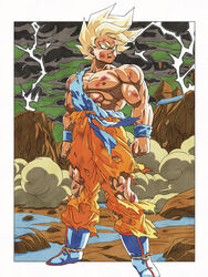  1boy abs blonde_hair boots bruise bruised_chest cloud commentary_request dragon_ball dragon_ball_z full_body green_eyes highres injury lightning male_focus muscular muscular_male pectorals serious smoke solo son_goku super_saiyan super_saiyan_1 susumu_(rei-h-0701) torn_clothes 