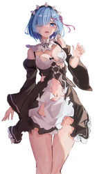  absurdres apron arm_at_side bare_shoulders black_dress black_hairband black_ribbon blue_eyes blue_hair blush breasts cleavage collar commentary_request cowboy_shot d: detached_collar dress embarrassed eyebrows_hidden_by_hair eyelashes female fingernails hair_ornament hair_over_one_eye hair_ribbon hairband hand_up highres long_sleeves looking_at_viewer maid medium_breasts navel one_eye_covered open_mouth purple_ribbon raikun_raikun re:zero_kara_hajimeru_isekai_seikatsu rem_(re:zero) ribbon roswaal_mansion_maid_uniform short_hair sidelocks standing tearing_up tears teeth thigh_gap thighs torn_apron torn_clothes torn_dress upper_teeth_only white_apron white_collar wide_sleeves x_hair_ornament 