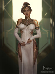  arcane:_league_of_legends armor artist_name bad_id bad_pixiv_id black_hair blurry blurry_background breasts brown_eyes dark-skinned_female dark_skin detached_sleeves dreadlocks dress earrings female firolian gold_armor hair_bun hair_ornament highres jewelry league_of_legends lips medium_breasts mel_medarda nose pelvic_curtain red_lips short_hair shoulder_plates single_hair_bun sleeveless sleeveless_dress smile solo standing upper_body web_address white_dress white_sleeves 