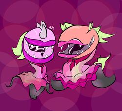  2022 chomper_(pvz) clothing dress duo electronic_arts elemental_creature female feral flora_fauna hi_res limbless lipstick makeup not_furry plant plants_vs._zombies popcap_games purple_background purple_lipstick renv sharp_teeth signature simple_background spikes spikes_(anatomy) teeth what 