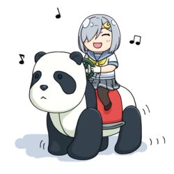  beamed_eighth_notes black_pantyhose chibi closed_eyes commentary_request eighth_note female gloves grey_hair hair_ornament hair_over_one_eye hairclip hama!_(3toshinhmkz) hamakaze_(kancolle) kantai_collection kiddie_ride musical_note neckerchief panda pantyhose pleated_skirt quarter_note school_uniform serafuku short_hair skirt smile solo white_gloves yellow_neckerchief 