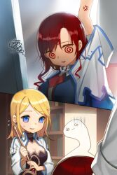  3girls @_@ anger_vein blonde_hair blue_eyes book bookshelf chibi closed_eyes detached_collar earrings flying_sweatdrops holding jacket jewelry long_hair lowres multiple_girls open_mouth parted_bangs photoshop_(medium) quartermaster_knight red_hair rose_pacifica salt_(salty) short_hair spiral-only_eyes sweatdrop sword_girls vernika_answer 