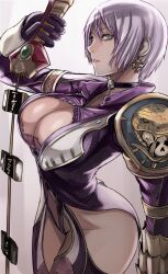  armor bare_hips breasts choker cleavage commentary_request curvy earrings female gauntlets groin hair_over_one_eye hip_focus isabella_valentine jewelry large_breasts parted_lips photoshop_(medium) revealing_clothes short_hair shoulder_pads skull solo soulcalibur soulcalibur_v sword tea_(nakenashi) weapon white_hair wide_hips 