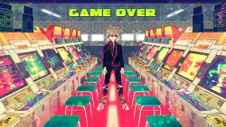  1boy arcade arcade_cabinet bar_censor blonde_hair censored commentary_request headphones headphones_around_neck identity_censor male_focus md5_mismatch metallic_girl nike_(company) original shoes sneakers solo stool 