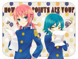  2boys aqua_hair blue_eyes border commentary_request english_text highres holding inazuma_eleven_(series) inazuma_eleven_go kariya_masaki kirino_ranmaru male_focus multiple_boys paper pink_hair smile somezima star_(symbol) twintails yellow_eyes 