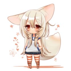  :&lt; animal_ears blonde_hair blush brown_eyes chibi commentary_request felt_(inuue_kiyu) female hands_in_pockets inuue_kiyu long_hair original skirt solo striped_clothes striped_thighhighs tail thighhighs very_long_hair zettai_ryouiki 