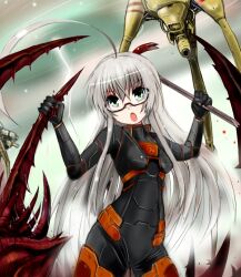  ahoge antlion blood commentary_request cosplay crossover crowbar female glasses gordon_freeman gordon_freeman_(cosplay) green_eyes grey_hair haiyore!_nyaruko-san half-life_(series) half-life_2 hev_suit holding holding_crowbar huge_ahoge long_hair nyarlathotep_(nyaruko-san) open_mouth parody semi-rimless_eyewear strider_(half-life) t2 weapon_connection 