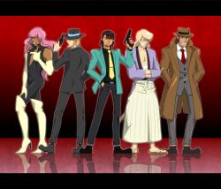  5boys antonio_lopez arsene_lupin_iii arsene_lupin_iii_(cosplay) barnaby_brooks_jr. beard blonde_hair boots brown_hair coat commentary_request cosplay crossdressing dark-skinned_male dark_skin elbow_gloves facial_hair formal glasses gloves green_jacket gun handgun hat high_heels highres ishikawa_goemon_xiii ishikawa_goemon_xiii_(cosplay) jacket japanese_clothes jigen_daisuke jigen_daisuke_(cosplay) kaburagi_t._kotetsu keith_goodman letterboxed lipstick long_hair lupin_iii makeup mikki-mikki mine_fujiko mine_fujiko_(cosplay) multiple_boys nathan_seymour necktie pink_hair red_necktie revolver sandals shoes stubble suit thigh_boots thighhighs tiger_&amp;_bunny trench_coat weapon yellow_necktie zenigata_kouichi zenigata_kouichi_(cosplay) 