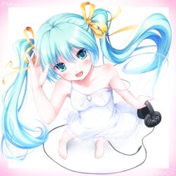  aqua_eyes aqua_hair aruciii bad_id bad_pixiv_id barefoot blurry blush character_name depth_of_field dress female from_above hair_ribbon hatsune_miku headphones long_hair open_mouth photoshop_(medium) ribbon solo strap_slip twintails very_long_hair vocaloid 