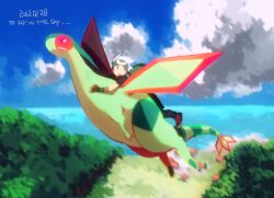  1boy bad_id bad_pixiv_id bandana brendan_(pokemon) english_text flygon flying gloves green_wings hat nature ocean outdoors pokemon pokemon_(creature) pokemon_emerald pokemon_rse riding riding_pokemon tetsu_(teppei) wings 