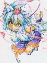  animal_ears bad_id bad_pixiv_id blood breasts colored_pencil_(medium) detached_sleeves female hat highres inubashiri_momiji kitazinger large_breasts mouth_hold photoshop_(medium) red_eyes short_hair skirt solo sword tokin_hat touhou traditional_media weapon white_hair wolf_ears 