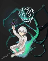  1boy butterfly darkness dr_franken_stein green_eyes insanity_(soul_eater) lolicon male male_focus sitting solo soul_eater stiches white_clothes white_hair white_shoes 