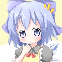  apron blue_eyes blue_hair blush bow cirno commentary_request female finger_in_own_mouth food food_on_face hairbow highres makuran shirt solo touhou upper_body wings 