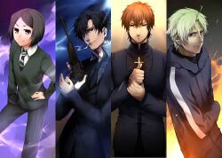  4boys bad_id bad_pixiv_id black_eyes black_hair blonde_hair brown_hair cross cross_necklace emiya_kiritsugu fate/zero fate_(series) fire frown grey_hair gun hand_on_own_hip handgun highres holding holding_cross holding_gun holding_jewelry holding_necklace holding_weapon hood hoodie jewelry kotomine_kirei long_sleeves male_focus matou_kariya meroo_(zest) multiple_boys necklace smoking thompson/center_contender veins waver_velvet weapon 