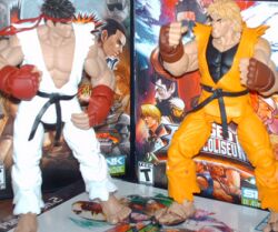  abs barefoot black_hair blonde_hair capcom crossover figure gloves king_of_fighters lowres muscle ryo ryou_sakazaki ryu ryuu_(street_fighter) ryuuko_no_ken snk street_fighter 