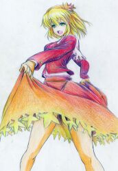  :d aki_shizuha bad_id bad_pixiv_id blonde_hair blouse colored_pencil_(medium) female green_eyes hair_ornament happy highres kitazinger laughing leaf leaf_hair_ornament legs maple_leaf open_mouth shirt simple_background skirt skirt_hold smile solo touhou traditional_media upskirt white_background 