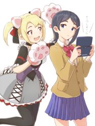  2girls animal_ears animal_hands blazer blonde_hair blue_eyes blue_hair blush cat_ears cat_paws commentary_request dani-ikapi dress fangs freckles hair_ornament hairclip handheld_game_console idolmaster idolmaster_dearly_stars jacket mizutani_eri multiple_girls nintendo_ds open_mouth red_eyes school_uniform short_hair smile suzuki_ayane thighhighs twintails 