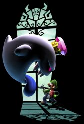  3d absurdres facial_hair ghost gloves hat highres king_boo lowres luigi luigi&#039;s_mansion luigi&#039;s_mansion_dark_moon male male_focus mario_(series) moustache nintendo official_art overalls scared shadow super_mario_bros. teeth tongue window 