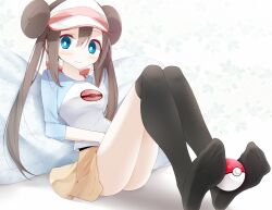  alternate_legwear bad_id bad_pixiv_id black_thighhighs blue_eyes brown_hair double_bun doughnut_hair_bun feet female hair_bun hat highres legs long_hair no_shoes oouso poke_ball poke_ball_(basic) pokemon pokemon_bw2 raglan_sleeves rosa_(pokemon) sitting skirt smile solo thighhighs twintails visor_cap 