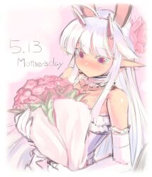  bare_shoulders blush bouquet choker commentary_request dark-skinned_female dark_skin dated dress elbow_gloves female flower gloves gown hair_flower hair_ornament lilim_rimiru long_hair mature_female mel/a mother&#039;s_day pointy_ears red_eyes shingeki_no_bahamut solo white_dress white_gloves white_hair 