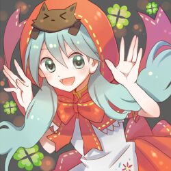  :d commentary_request cosplay female green_eyes hatsune_miku hirounp little_red_riding_hood little_red_riding_hood_(grimm) little_red_riding_hood_(grimm)_(cosplay) mikuzukin_(module) open_mouth project_diva_(series) project_diva_2nd smile solo twintails vocaloid 