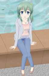  alternate_costume blue_eyes commentary_request contemporary daiyousei edamame_(barium) female green_hair jacket jewelry leaf necklace no_wings side_ponytail sitting smile solo touhou water 