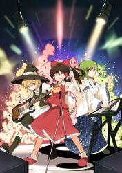  3girls band blonde_hair bow braid brown_hair commentary_request electric_guitar frog frog_hair_ornament green_hair guitar hair_ornament hair_tubes hairbow hakurei_reimu hat instrument keyboard_(instrument) kirisame_marisa kochiya_sanae long_hair microphone microphone_stand mieharu multiple_girls open_mouth smile smoke snake touhou witch_hat 