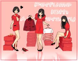  3girls black_hair blunt_bangs brown_eyes clothes commentary_request crossed_legs fingerless_gloves gloves heart high_heels highres long_hair multiple_girls nail_polish perfume_(band) piyodera_mucha red_skirt reflection shoes short_hair sitting skirt smile standing striped 