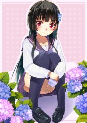  black_hair black_thighhighs blunt_bangs blush commentary_request convenient_leg female flower hair_ornament hugging_own_legs hydrangea loafers long_hair pigeon-toed pleated_skirt red_eyes sanka_rea sankarea school_uniform shoes skirt smile solo thighhighs umeboshitora 