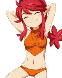  armpits arms_behind_head arms_up bikini blush closed_eyes danball_senki female groin hairband hairu hanasaki_ran midriff navel red_hair sidelocks simple_background smile solo swimsuit white_background 