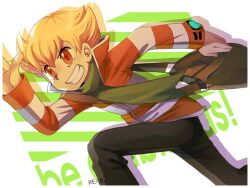  1boy artist_name bad_deviantart_id bad_id bag barry_(pokemon) blonde_hair grin male_focus orange_eyes pokemon pokemon_dppt pokemon_platinum poketch reka running scarf shoulder_bag smile solo teeth watch winter_clothes wristwatch 