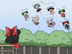  6+girls animal_ears antennae aqua_hair bad_id bad_pixiv_id bow braid broom brown_hair cape carrot carrot_necklace cat_ears cat_tail chen chibi commentary day dress ear_wiggle earrings flying from_behind green_hair grey_hair hair_tubes hairbow hakurei_reimu hat helicopter_hair holding inaba_tewi inubashiri_momiji jewelry kaenbyou_rin kasodani_kyouko kurokoori light_purple_hair long_hair long_sleeves looking_up multiple_girls multiple_tails necklace no_mouth no_nose pants pendant purple_hair rabbit_ears red_cape red_hair reisen_udongein_inaba shield short_sleeves single_earring sitting skirt sky solid_eyes sword tail tokin_hat touhou tree twin_braids weapon wheelbarrow wide_face wriggle_nightbug 