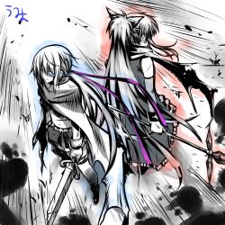  2girls back-to-back bare_shoulders blue_eyes bow broken broken_sword broken_weapon cape commentary_request detached_sleeves dress hairbow highres long_hair magical_girl mahou_shoujo_madoka_magica mahou_shoujo_madoka_magica_(anime) miki_sayaka miki_sayaka_(magical_girl) monochrome multiple_girls polearm ponytail ribbon sakura_kyoko sakura_kyoko_(magical_girl) scar short_shorts shorts spear spot_color sword torn_cape torn_clothes umyonge_(lkakeu) weapon wraith_(madoka_magica) 