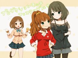  3girls :o arm_grab bad_id bad_pixiv_id bare_shoulders blazer breasts brown_eyes brown_hair cleavage crepe food green_eyes green_hair hands_on_own_hips hino_akane_(idolmaster) ice_cream ice_cream_cone idolmaster idolmaster_cinderella_girls jacket mimura_kanako mizutamako mole mole_under_eye multiple_girls pantyhose plaid plaid_skirt pleated_skirt ponytail school_uniform skirt small_breasts takagaki_kaede 