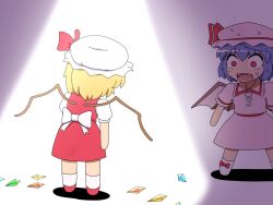  2girls bat_wings blonde_hair chibi commentary_request crystal fangs flandre_scarlet hat multiple_girls purple_hair red_eyes remilia_scarlet shirosato standing surprised sweatdrop touhou wide-eyed wings 