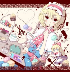  alice_margatroid blonde_hair blue_eyes blush bow cake capelet commentary_request cookie cup cupcake female finger_to_mouth food fruit hairband hairbow heart kiwi_(fruit) macaron meiya_neon notebook orange_(fruit) pen photoshop_(medium) scissors shanghai_doll short_hair sitting solo spoon strawberry sugar_cube teapot thread tiered_tray touhou 