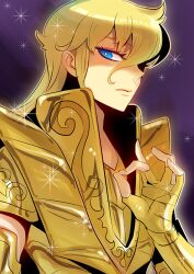  1boy armor blonde_hair blue_eyes commentary_request gold_armor gold_saint katori_(katokichi) long_hair looking_at_viewer lowres male_focus saint_seiya simple_background solo virgo_shaka 