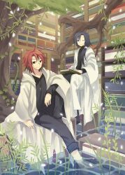  2boys albireo_imma black_hair book cloak commentary_request highres library long_hair mahou_sensei_negima! multiple_boys nagi_springfield one_eye_closed red_hair short_hair sitting soaking_feet tamura_hiro tree water 