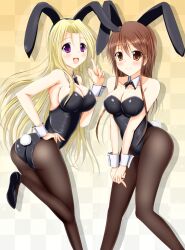  2girls aged_up akiamare animal_ears ass bad_id bad_pixiv_id blonde_hair bow bowtie breasts brown_eyes brown_hair coquelicot_(sakura_taisen) detached_collar highres iris_chateaubriand long_hair multiple_girls pantyhose playboy_bunny purple_eyes rabbit_ears rabbit_tail sakura_taisen sakura_taisen_ii sakura_taisen_iii tail wrist_cuffs 