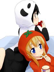  2girls animal_costume bad_id bad_pixiv_id barefoot black_hair blonde_hair blue_eyes brown_eyes controller food funami_yui game_controller kazami_ruku lying multiple_girls on_stomach open_mouth pajamas panda_costume photoshop_(medium) rum_raisin smile tomato_costume toshinou_kyouko yuru_yuri 