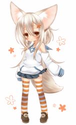  :&lt; animal_ears blonde_hair brown_eyes commentary_request felt_(inuue_kiyu) female hair_ornament highres inuue_kiyu long_hair original shoes sleeves_past_fingers sleeves_past_wrists solo striped_clothes striped_thighhighs tail thighhighs zettai_ryouiki 