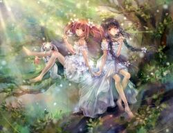  2girls :3 akemi_homura bare_shoulders barefoot black_hair braid commentary_request daphne_zhang dress flower frilled_dress frills hair_flower hair_ornament highres holding holding_flower holding_hands in_tree kaname_madoka kyuubee long_hair mahou_shoujo_madoka_magica mahou_shoujo_madoka_magica_(anime) multiple_girls pink_eyes pink_hair purple_eyes red_eyes short_hair short_twintails sitting sitting_in_tree smelling_flower smile strapless strapless_dress tree twin_braids twintails white_dress 