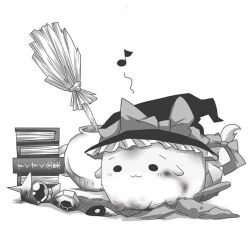  :3 bad_id bad_pixiv_id bishamonten&#039;s_pagoda book broom collection dirty greyscale hat kirisame_marisa mini-hakkero monochrome musical_note no_humans rebecca_(keinelove) ribbon solid_circle_eyes solo sukusuku_hakutaku tail tail_ornament tail_ribbon touhou witch_hat yin_yang 