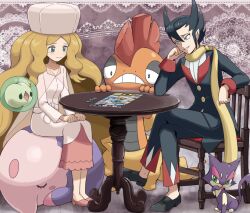  1boy black_hair blonde_hair blue_eyes caitlin_(pokemon) chair crossed_legs duosion female formal green_eyes grimsley_(pokemon) hat head_rest lace lace_background long_hair musharna no_socks pokemoa pokemon pokemon_(creature) pokemon_bw purrloin scarf scrafty sitting table tears very_long_hair wavy_hair 