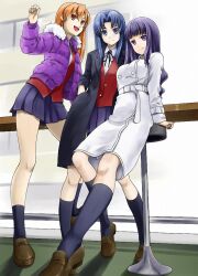  3girls blue_eyes blue_hair blunt_bangs breasts casual coat fur_trim hands_in_pockets jacket kashii_nanako kawashima_ami kihara_maya legs long_hair medium_breasts morisu multiple_girls oohashi_high_school_uniform open_clothes open_coat open_jacket open_mouth orange_eyes orange_hair photoshop_(medium) pleated_skirt purple_eyes purple_hair school_uniform skirt socks stool toradora! 