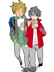  2boys alternate_costume backpack bag blue_oak cup_ramen eating food he-zerunattsu multiple_boys noodles pokemon pokemon_rgby red_(pokemon) red_eyes school_uniform smile tegaki walking 