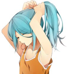  1boy adjusting_hair androgynous armpits bad_id bad_pixiv_id blue_hair closed_eyes inazuma_eleven inazuma_eleven_(series) kazemaru_ichirouta long_hair mouth_hold otoko_no_ko ponytail tying_hair yorozuyozu 